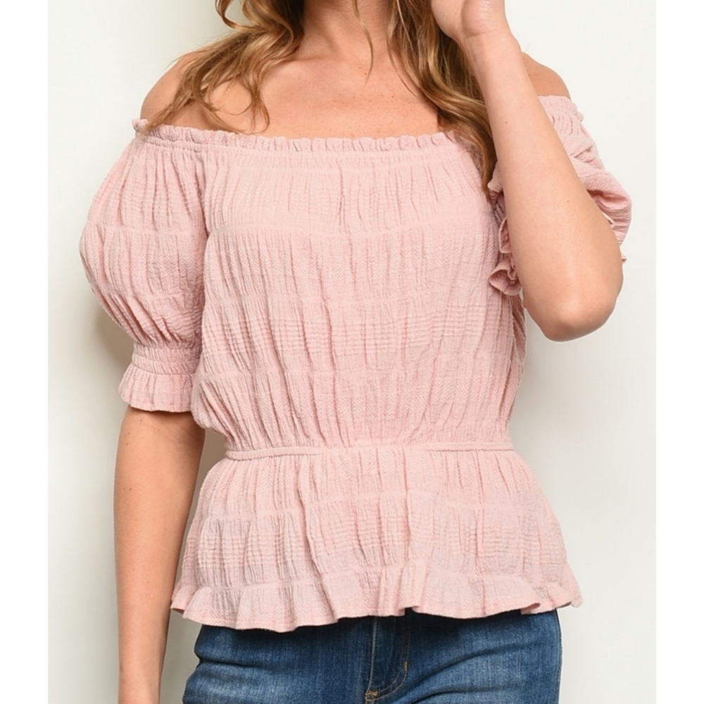 1. Gilli Blush pink smocked babydoll off the shoulder puffy cap sleeve top